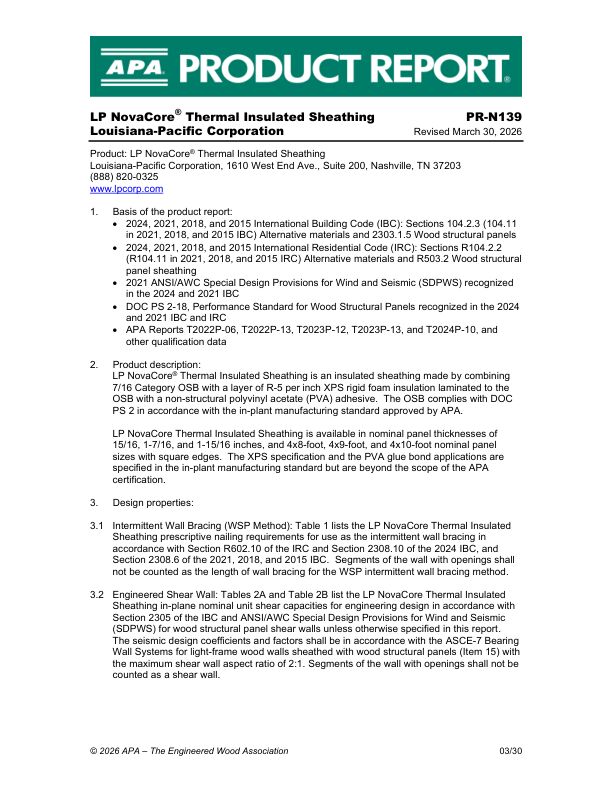 Product Report PR-N139: Louisiana-Pacific Corporation -
LP NovaCore® Thermal Insulated Sheathing. Revised March 30, 2026.