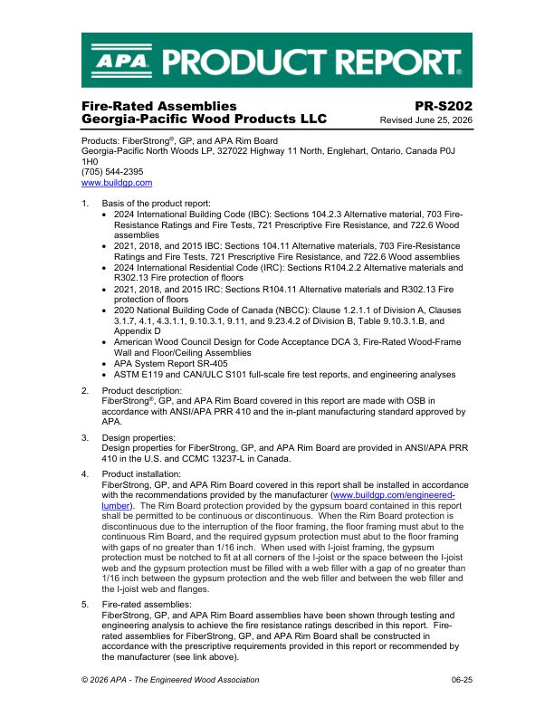 Product Report
PR-S202: Georgia-Pacific Wood Products, LLC -
FiberStrong®, GP, and APA Rim Board. Revised June 25, 2025