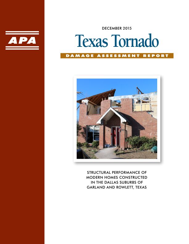 Special Publication: Texas Tornado Damage Assessment Report (SP-1177)

A report of damage assessments from the December 26, 2015, tornado storm near Dallas, Texas. Forensic evidence suggests much of the damage occurred along the outer edges of the storm's path, where wind speeds appeared to be lower. Wind-resistant construction recommendations included. Issued May 2016.
