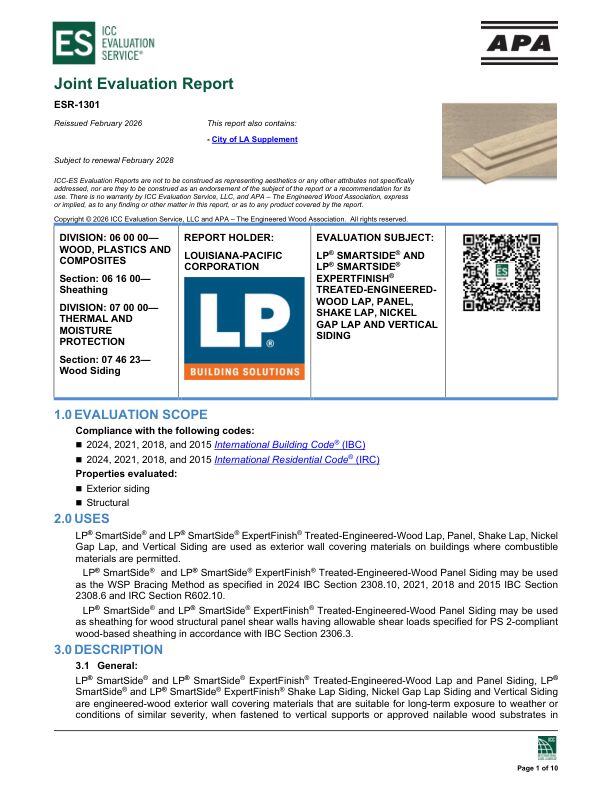 Joint Evaluation Report
ESR-1301: Louisiana-Pacific Corporation - LP Smartside® Strand Substrate Lap Siding and LP Smartside® Strand Substrate Panel Siding. Revised December 2025.