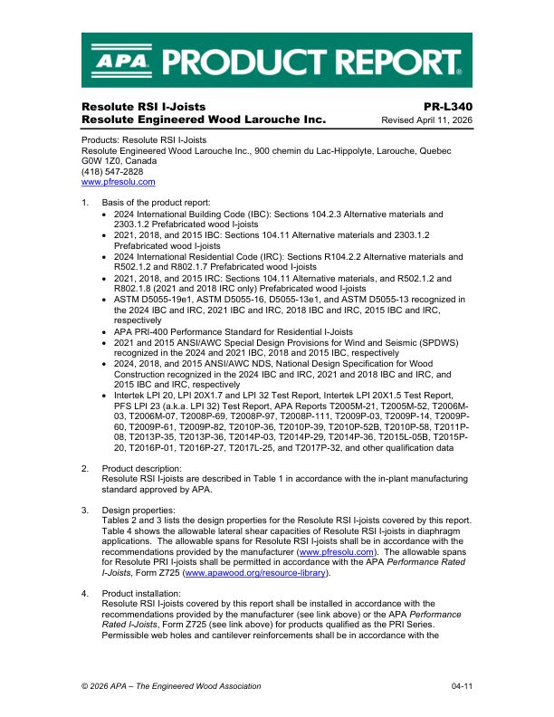 Product Report PR-L340: Resolute Engineered Wood Larouche Inc. - Resolute RSI I-Joists. Revised April 11, 2026.