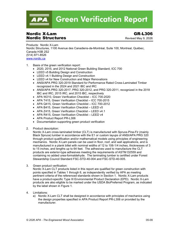 Green Verification Report
GR-L306: Nordic X-Lam - Nordic X-Lam. Revised May 9, 2026.