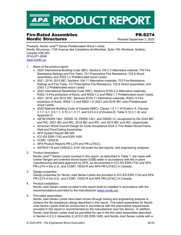 PR-S274: Nordic Structures - Nordic Joist™ Series Prefabricated Wood I-Joists. Revised September 3, 2025.