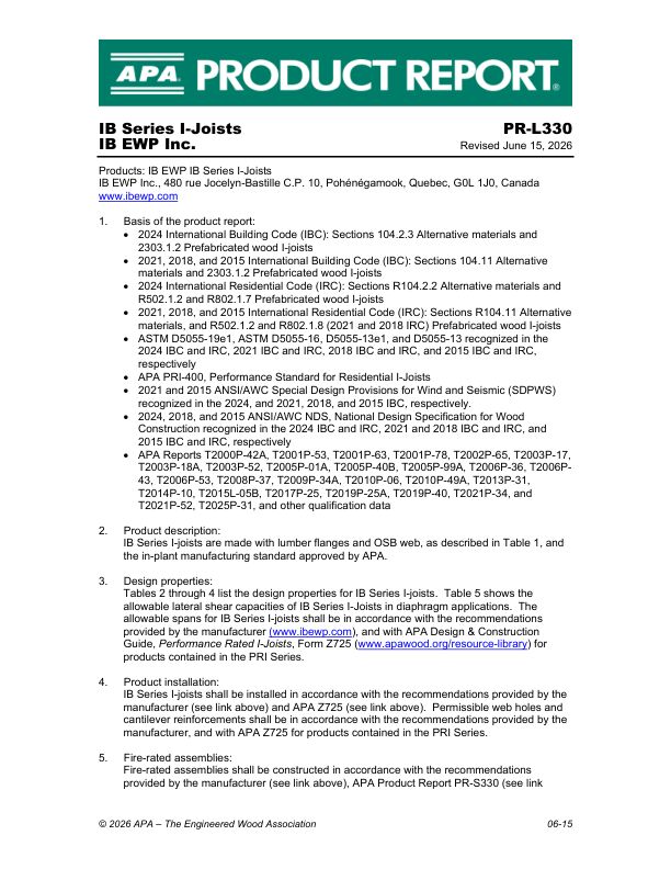 Product Report PR-L330:
IB EWP Inc. - I-Joists. Revised June 15, 2026.