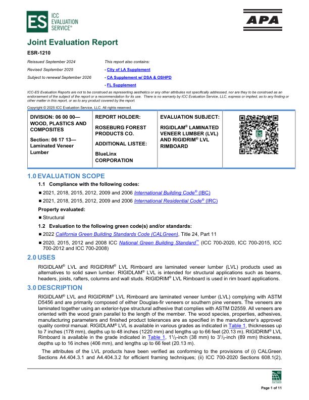 Joint Evaluation Report
ESR-1210: Roseburg Forest Products Co. - Rigidlam® Laminated Veneer Lumber (LVL) and Rigidrim® LVL Rimboard. Revised September 2025.